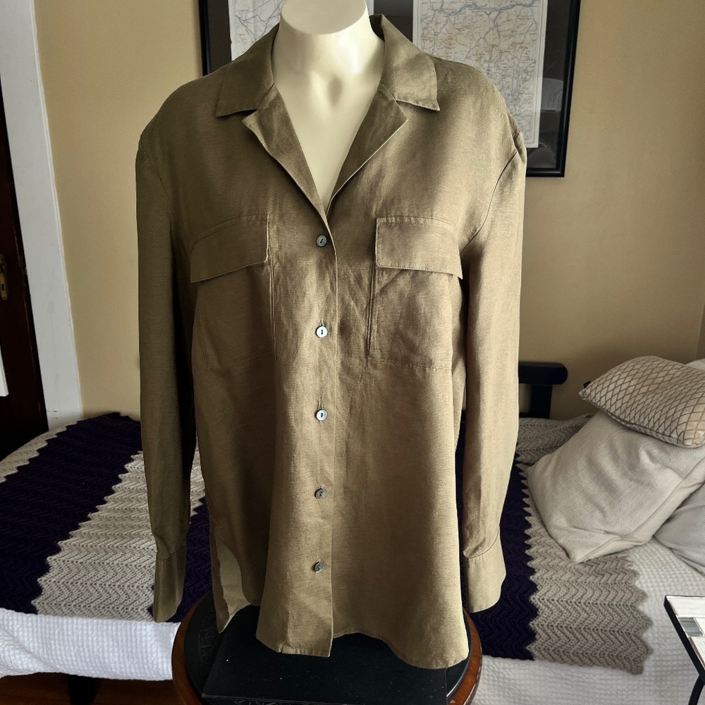 NWT Theory 100% Linen L/S Notch Shirt Burnt Olive Relaxed Fit